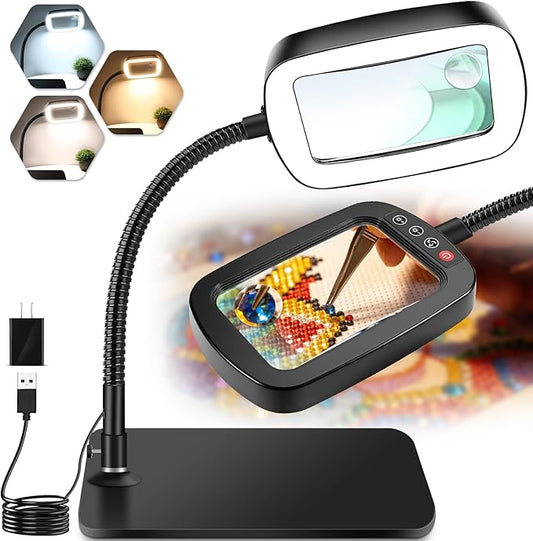 10X 30X Large Magnifying Glass with Light and Stand | 5-inch Lighted Magnifier,72 LEDs,3 Color Modes , Hands-Free Magnifying Desk Lamp for Reading, Craft, Hobby, Close Work