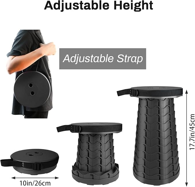 Folding Stool Portable Collapsible Stool Seat Max Load Capacity 400lbs for World Cup 2026, Telescopic Folding Stools Retractable Stools for Adult Camping Hiking Travel Outdoor BBQ (Black)