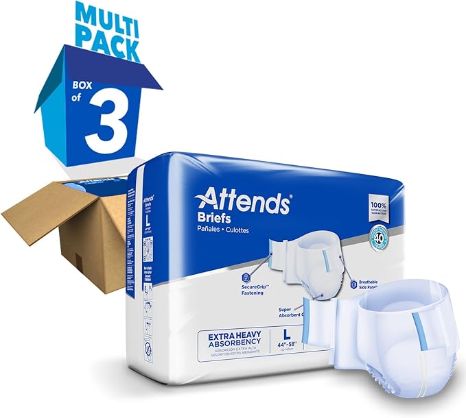 Attends Adult Incontinence Disposable Briefs, Large, 44"-58" Waist with SecureGrip Tab Closure, Extra Heavy Absorbency with Super Absorbent Core and Breathable Side Panels, 72ct Case