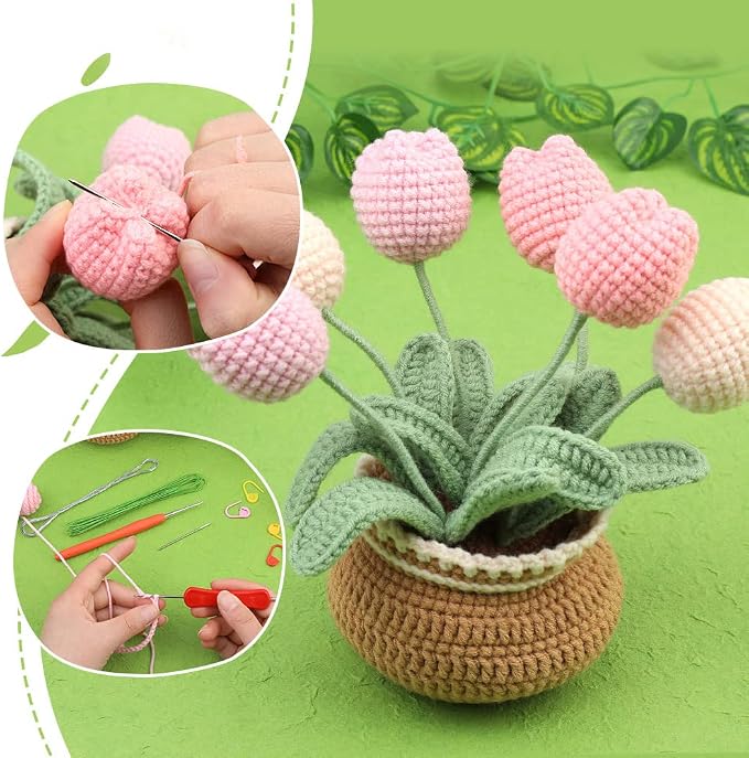 kgxulr Crochet Kit for Beginners, Tulip Crochet Starter Kit Beginner for Complete Beginners Adults, Crocheting Knitting Kit with Step-by-Step Video Tutorials (Tulip)