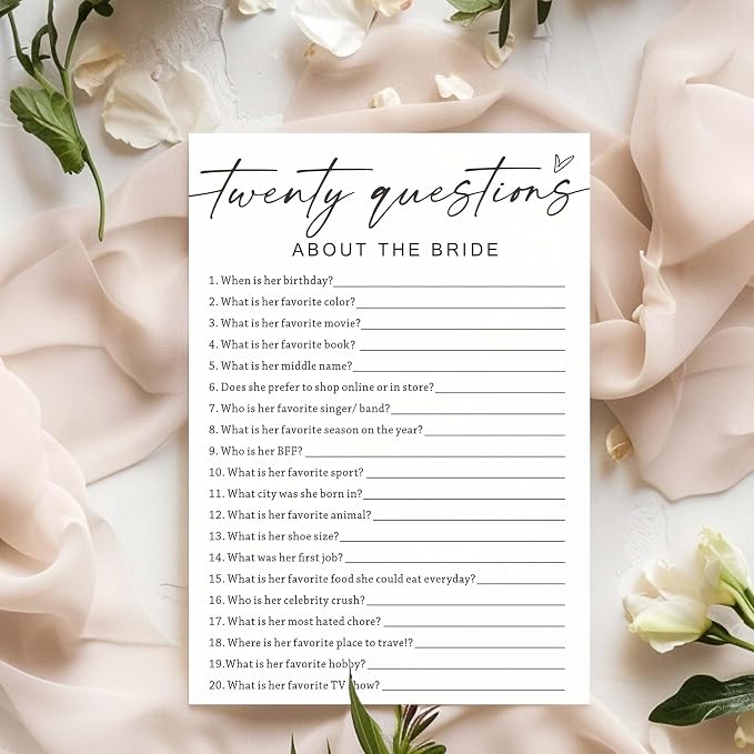 Bridal Shower Games Cards, Twenty Questions About The Bride, Bridal Shower Game 25 Guests, Engagement Party Wedding Games for Guests, Minimalist White Wedding Party Supplies - A05