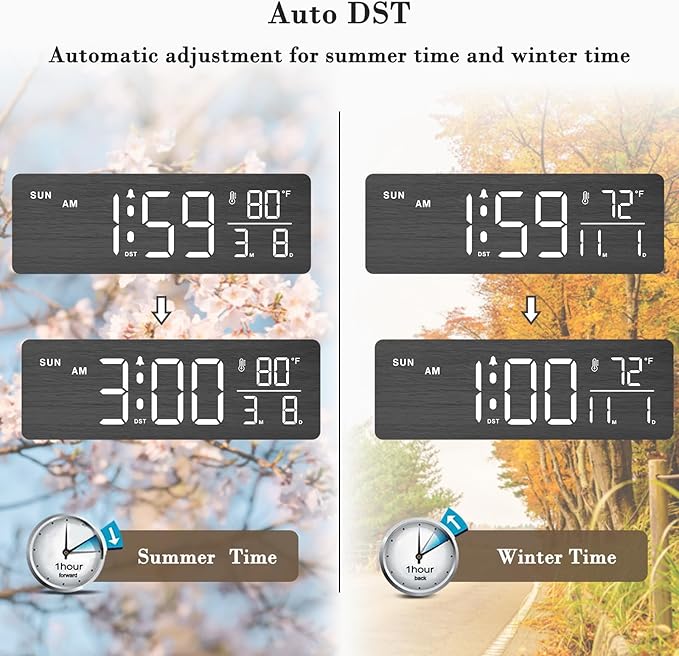 DreamSky Wooden Digital Alarm Clock with Date & Day of Week for Bedroom | Large Display Desk Clock for Living Room, Temperature, Dimmer, Adjustable Volume, Auto DST, Office Wood Décor (Plug-in)