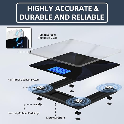 Scale for Body Weight 560lbs MPBEKING High Capacity Bathroom Scales Extra Large Platform Accurate Weighing Scale LCD Backlit Display with Tape Measure & 4 AAA Batteries (Black)