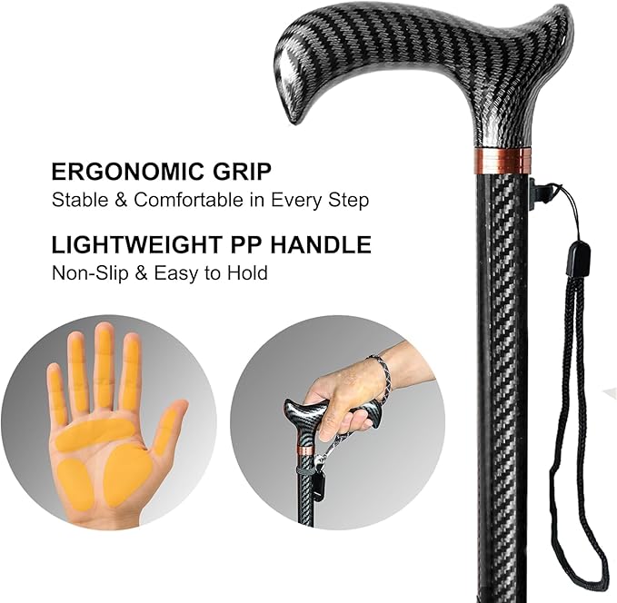 Adjustable Walking Cane for Men & Women - Lightweight Carbon Fiber Cane, Premium Walking Stick for Seniors with Quad & Single Rubber Tips, Ergonomic Handle & Wrist Strap