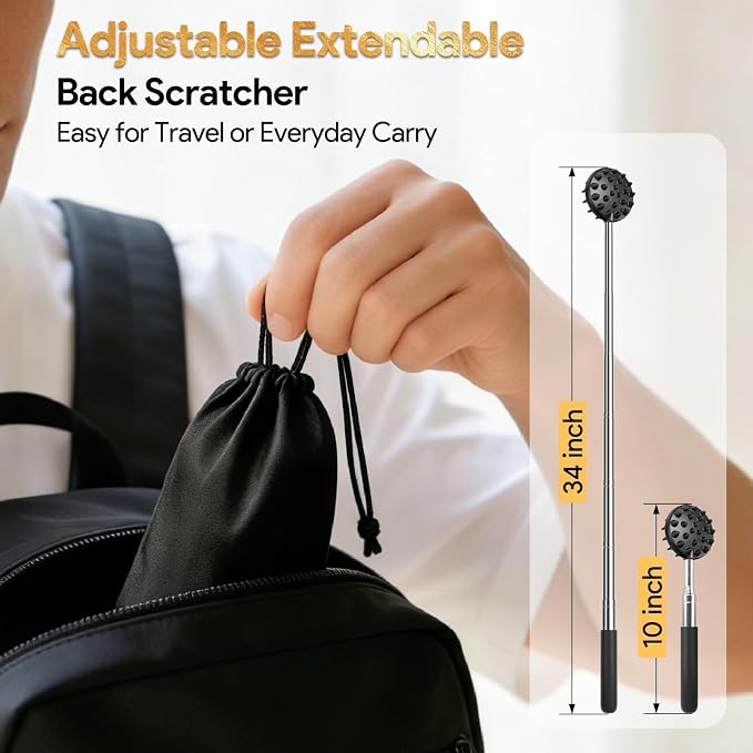 Telescoping Back Scratcher with 5 Detachable Heads, Gift for Men Black | 10-30" Reach, Stainless Steel Pole, Rubber Grip, Christmas Stocking Stuffers, White Elephant, Anniversary and Birthday Gift