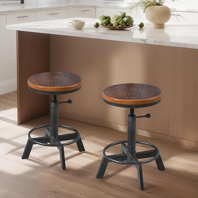 Set of 2-Industrial Bar Stool-Rustic Counter Height Chairs for Kitchen Island-Farmhouse Swivel Wooden Seat- Adjustable 17.7-24inch