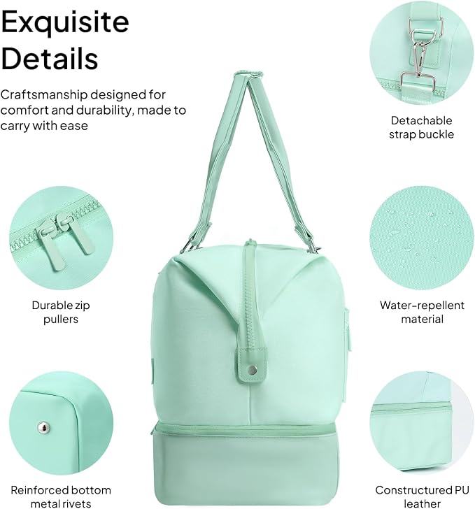 Travel Duffle Bag for Women, 40L Weekender Bags Airline Approved Carry On with Shoe Compartment & Waterproof Wet Pocket, Durable Nylon Weekender Overnight Bag for Travel, Gym, Business Trip, Green