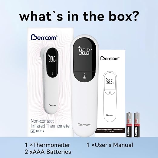 Berrcom Dual Probe No Touch Forehead Thermometer Fever Alarm All Ages | Fast reading digital thermometer with LED screen & fever alarm, no-touch dual probe design for all family members