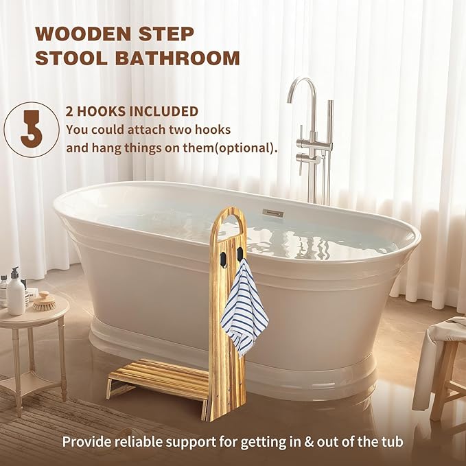 Wooden One Step Stool with Handle, 5" Height Wooden Step for Bathroom/Kitchen, Solid Wooden Step with trapezoidal feet for Elderly, Adults, Kids to Get in & Out of Bed Easily(440LBs Capacity)