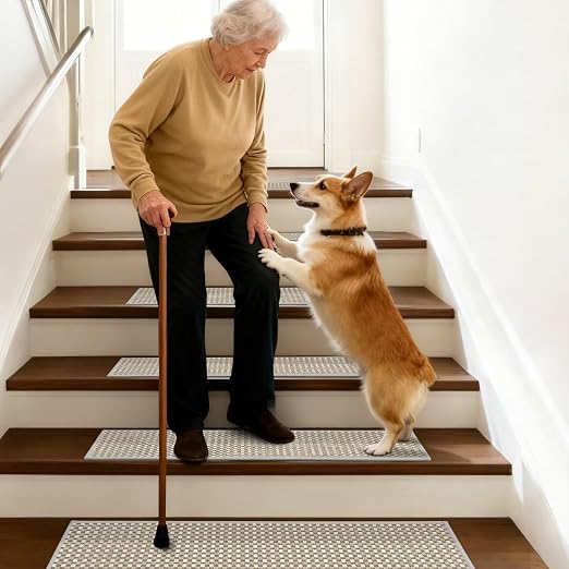 DEXDE Stair Treads for Wooden Steps 7-Pack Non-Slip Indoor, 9" x 30" Grey | Chenille & Linen Blend Carpet Stair Runners Backing, Soft Self-Adhesive Washable Stairway Step Covers for Kids Elders Dogs