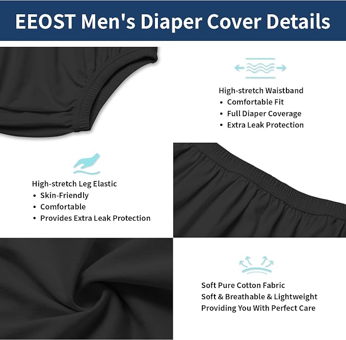 Adult Diaper Cover for Incontinence Noiseless Leak-Protection Underwear Plastic Pants Over Diapers Waterproof Rubber Pants (Black, M(Men Size))