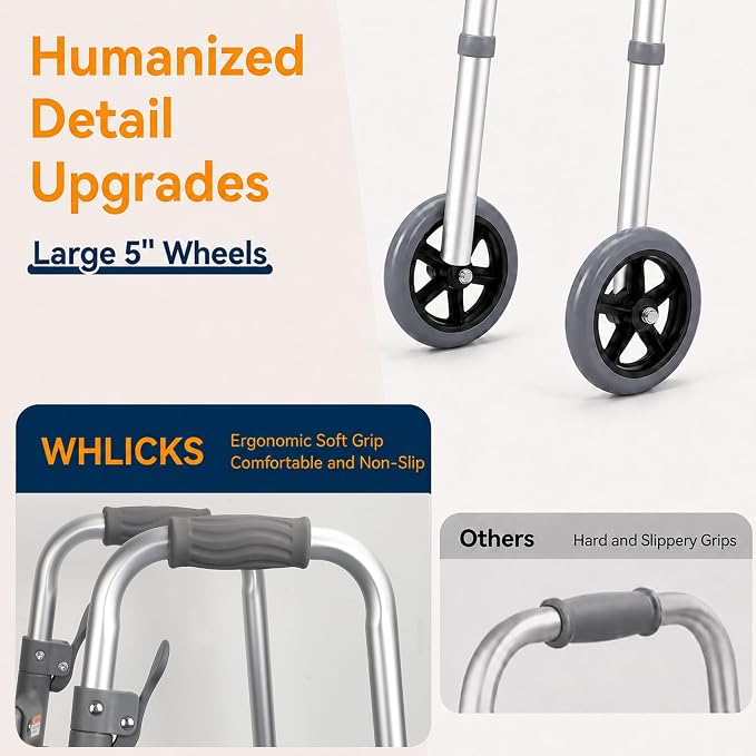 WHLICKS Standard Walkers for Seniors with 2 Skis and 5" Wheels | Folding Walker with 8 Height Adjustment, Lightweight Aluminum Frame, Easy to Assemble and Storage, Supports 300 lbs