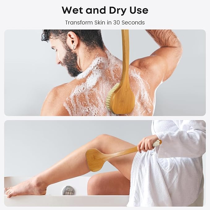 eaxun 17.3 Inches Bamboo Back Scrubber with Curved Long Handle for Shower | Exfoliating Shower Brush with Natural Boar Bristles for Men and Women, Anti-Slip Grip Back Washer for Bath or Dry Brushing