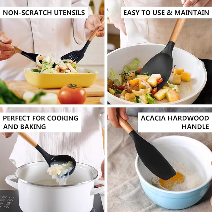 Silicone Cooking Utensils Set of 5, Heat Resistant Silicone Kitchen Utensils Set with Wooden Handle, BPA Free Spatula Spoon Turner Ladle Cooking Kitchen Gadgets for Nonstick Cookware & Baking