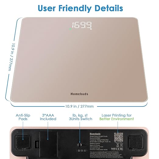Homebuds Smart Scale for Body Weight, Precision 0.1lb by Our Professional Factory Since 2001, Digital Weight Scale Step-On and Bright LED, App Sync with Weights and BMI, 400lb/182kg, Rose Gold