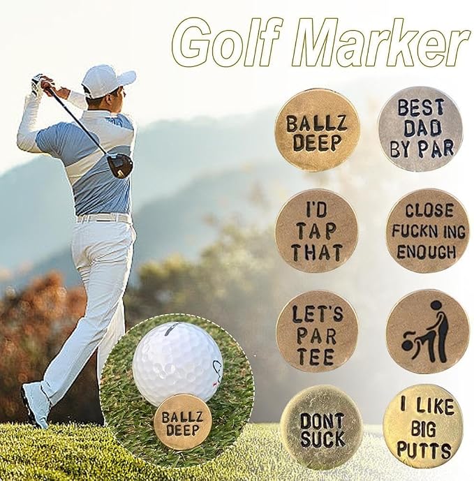 Funny Golf Ball Marker, for Men Adult Humor Novelty Golf Ball Markers with Funny Words, Unique Golf Gag Gifts for Men or Womsen Golfer, 4pcs Brown
