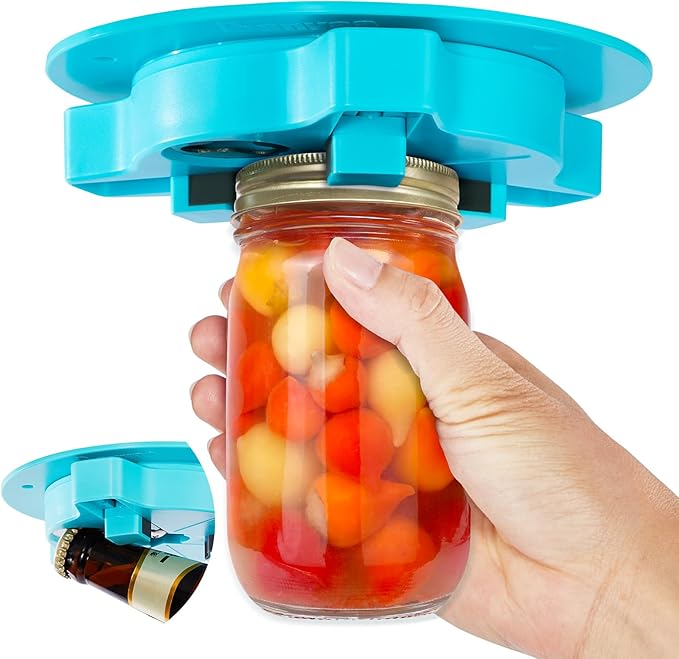 Jar Opener Bottle Opener for Seniors with Arthritis - Under Cabinet Jar Opener for Weak Hands, Rotary Lid Opener, Easy Twist-Off Lids for Jars & Bottles, Original Kitchen Gadgets (Cyan)