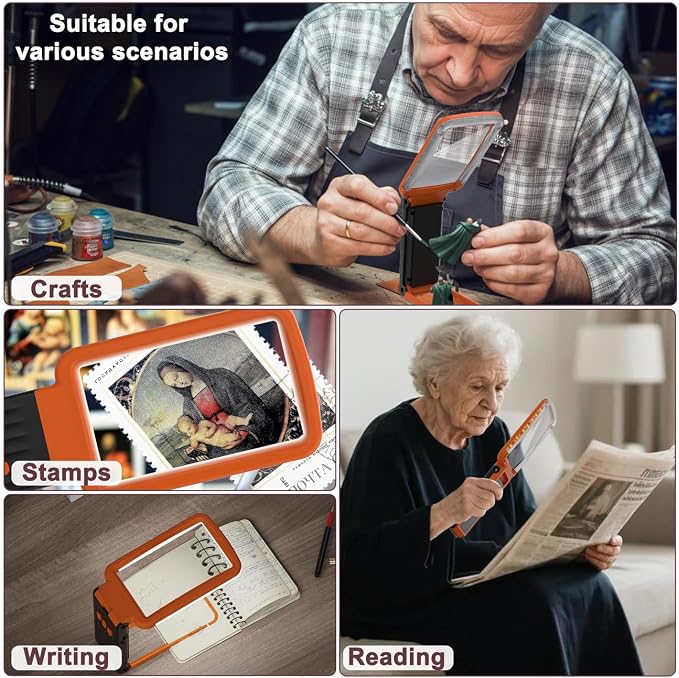 15X Magnifying Glass with Light and Stand, Real Glass Lens, Rechargeable Foldable Handheld Magnifier, 3 Color Modes Dimmable Lighted Page Magnifier for Reading Fine Prints Seniors, Orange Black
