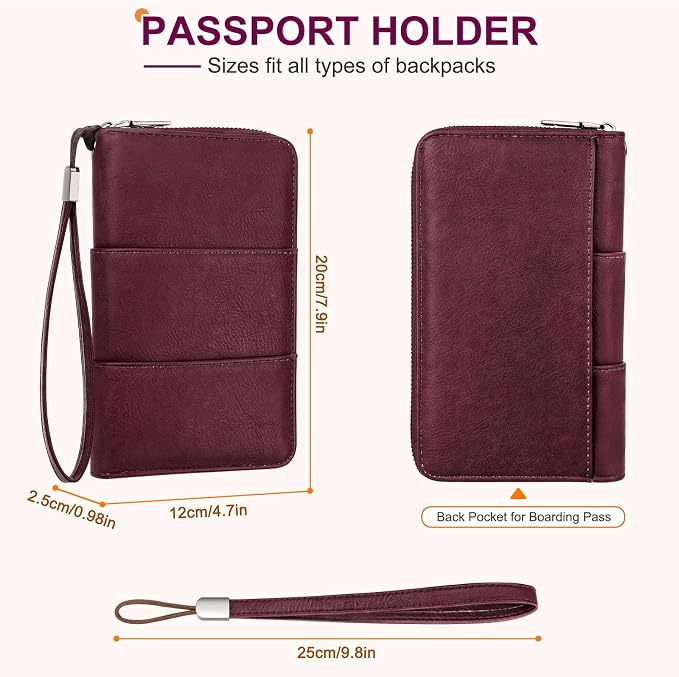 RFID Family Passport Holder Wallet - Travel Document Organizer | PU Leather, with Wristlet, Zipper, Cards, Boarding Pass, ID, Cash, Ticket Pockets,Travel Essentials Gifts for Women Men