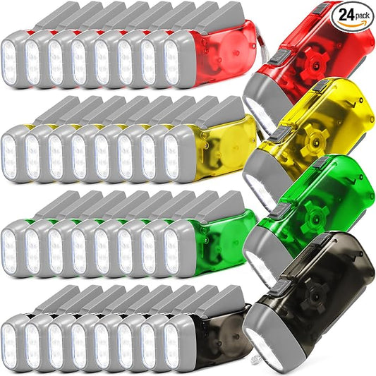 Mudder 24 Pack Hand Crank Flashlight No Battery Emergency Flashlight, Self Powered Portable Light Dynamo Torch for Survival Kit Outdoor Hiking Emergency(Red, Grey, Yellow, Green)