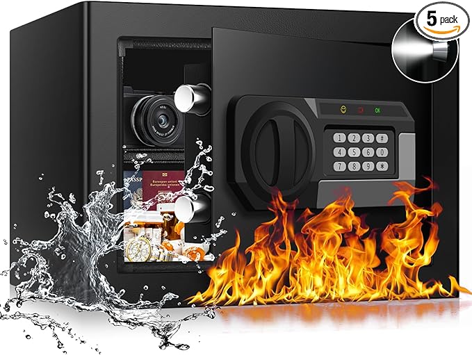 1.2 Cubic Feet Small Fire Safe Box for Home, Fireproof Lock Box, Security Money Safe with Digital Keypad, Spare Keys and Removable Shelf, Personal Home Safes for Money, Jewelry, ID Documents