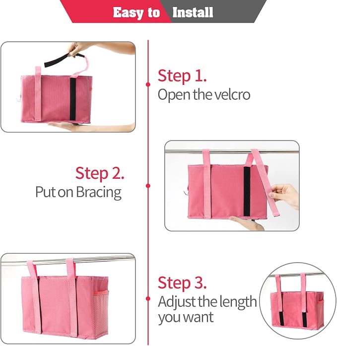 Bunk Bed Organizer, Bedside Caddy Hanging Storage Bag, Pink | 4 Pockets and 2 Hooks, For Dorm, Hospital, Baby Bed Rails, 600D Oxford Cloth