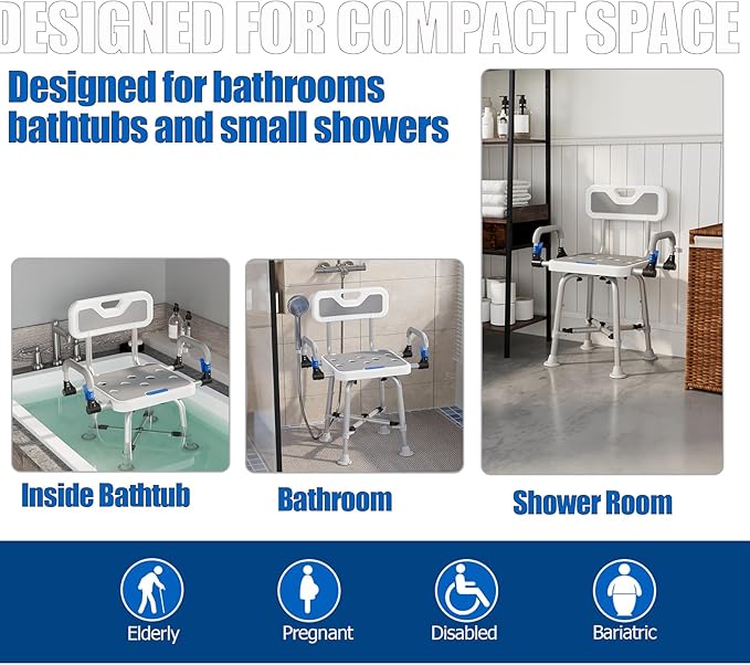 Shower Chair for Seniors Elderly Handicap Disabled Or Bariatric Adults Heavy Duty 500 Lbs Bench Seat for Inside Shower Stall and Bathroom Bath Tub with Arms and Back Adjustable Stool Chairs