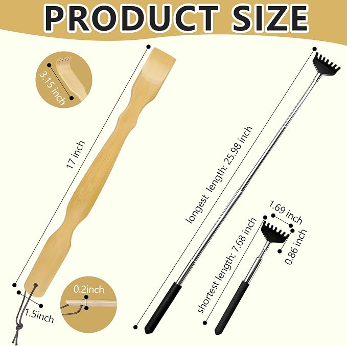 4 Pcs Back scratchers,Bamboo & Extendable Stainless Steel Back Scratcher | for Back,Neck,Shoulders,Back Scratcher for Men Women Elderly,Gifts for Thanksgiving Birthday Christmas