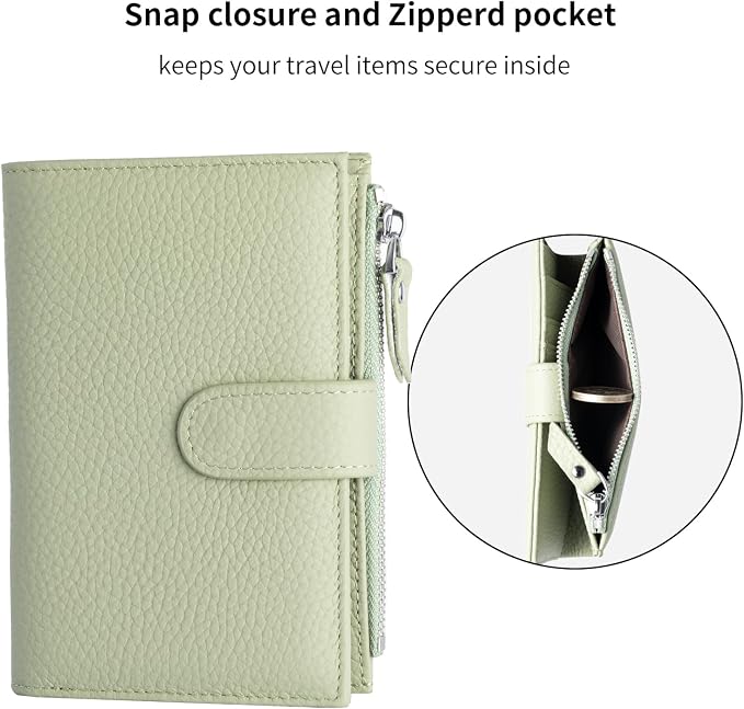 Passport wallet and Card Slot Combo RFID Blocking Leather Travel Passport Wallet for Men and Women with Zippered Coins Pocket Passport holder, Light Green