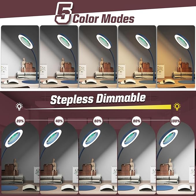 10X Magnifying Glass with Light and Stand, 5 Color Modes Stepless Dimmable LED Lighted Desk Lamp, Hands Free Flexible Gooseneck Magnifier with Light for Craft Hobby Painting Close Work - Blue