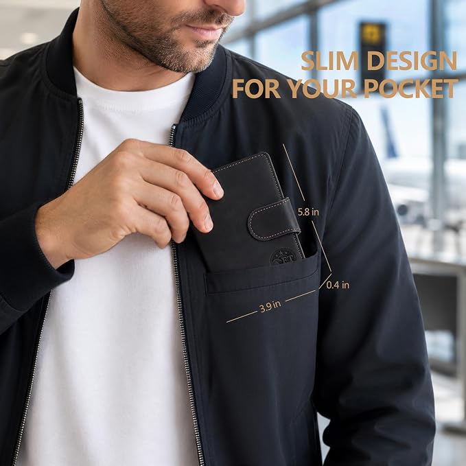 Passport Wallet for Men, Full Grain Leather Passport Holder, AirTag Slot | 2-3 Passport Capacity, Slim Design for Travel, Multiple Pockets, Magnetic Closure, RFID Blocking, Zippered Coin Pocket, Black