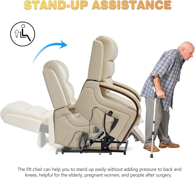 Trustyue Power Lift Recliner Chair, 180° Lay Flat Recliner, Lift Chair with Massage and Heat, Standing Assistance, Infinite Position Reclining, Living Room Chair for Elderly People(Faux Leather Beige)