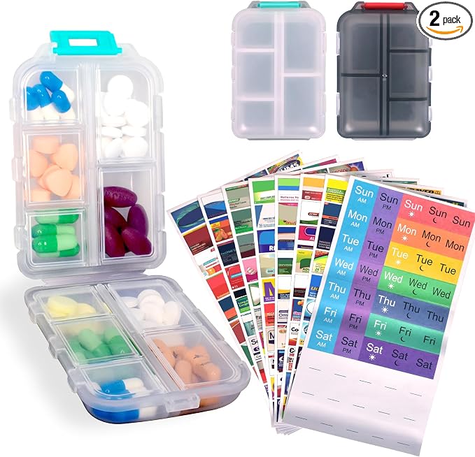 2 Pcs Pill Organizer with Medicine Labels, Portable Travel Medicine Daily Pill Container Organizer 7 Day Pill Case Storage Vitamin Fish Oil (White & Gray, 320 Medicine Lables)