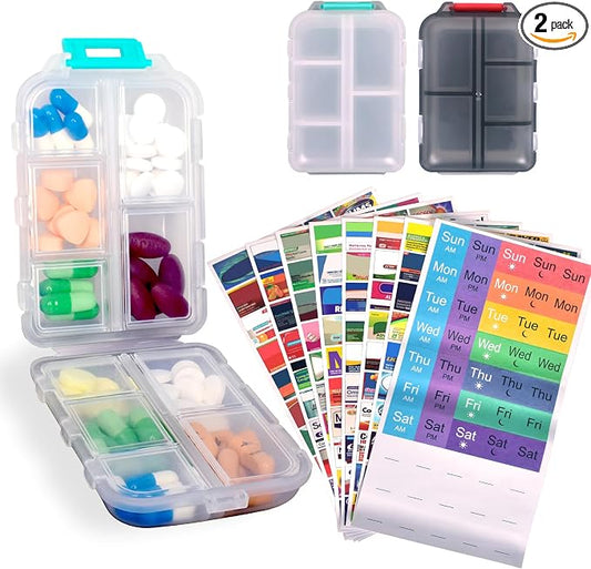 2 Pcs Pill Organizer with Medicine Labels, Portable Travel Medicine Daily Pill Container Organizer 7 Day Pill Case Storage Vitamin Fish Oil (White & Gray, 320 Medicine Lables)