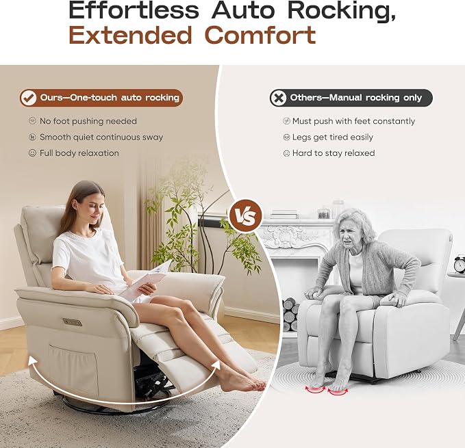 Power Nursery Recliner with Auto Rocking,Oversized Swivel Rocker Recliner with Massage and Heat,Glider Recliner Nursery Chair with Adjustable Headrest for Living Room and Bedroom,Faux Leather，Beige