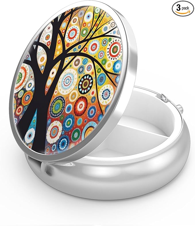Pill Box 3 Compartment Small Pill Case,Portable for Pocket or Purse Pill Organizer Pill Container Holder to Hold Vitamins, Medication, Fish Oil and Supplements(Black Tree of Life)