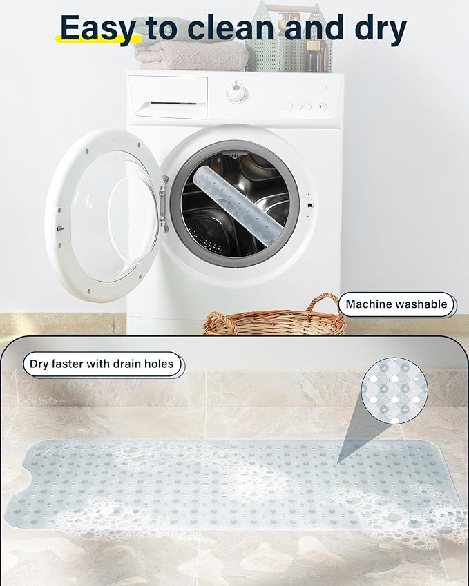Non Slip Bathtub Mat for Tub & Shower, Machine Washable 40"x16" Anti Slip Bath Mat with 2 Hooks, Soft & Comfortable and Extra Large for Families, Clear