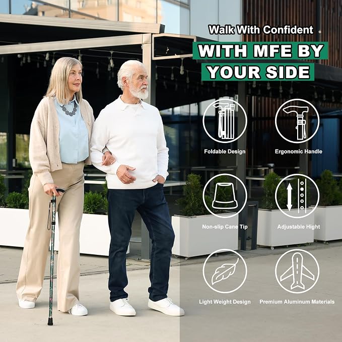 MFE Folding Cane, Portable 5-Level Adjustable Height Walking Stick with Foldable Design, Wrist Strap, and T Handle for Men and Women