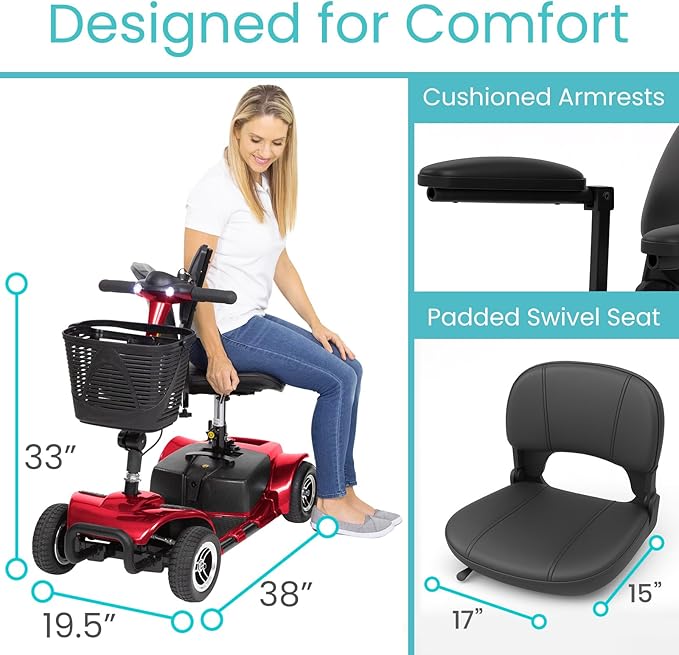 Vive 4 Wheel Mobility Scooter - Electric Powered Wheelchair Device - Compact Heavy Duty Mobile for Travel, Adults, Elderly - Long Range Power Extended Battery with Charger & Basket
