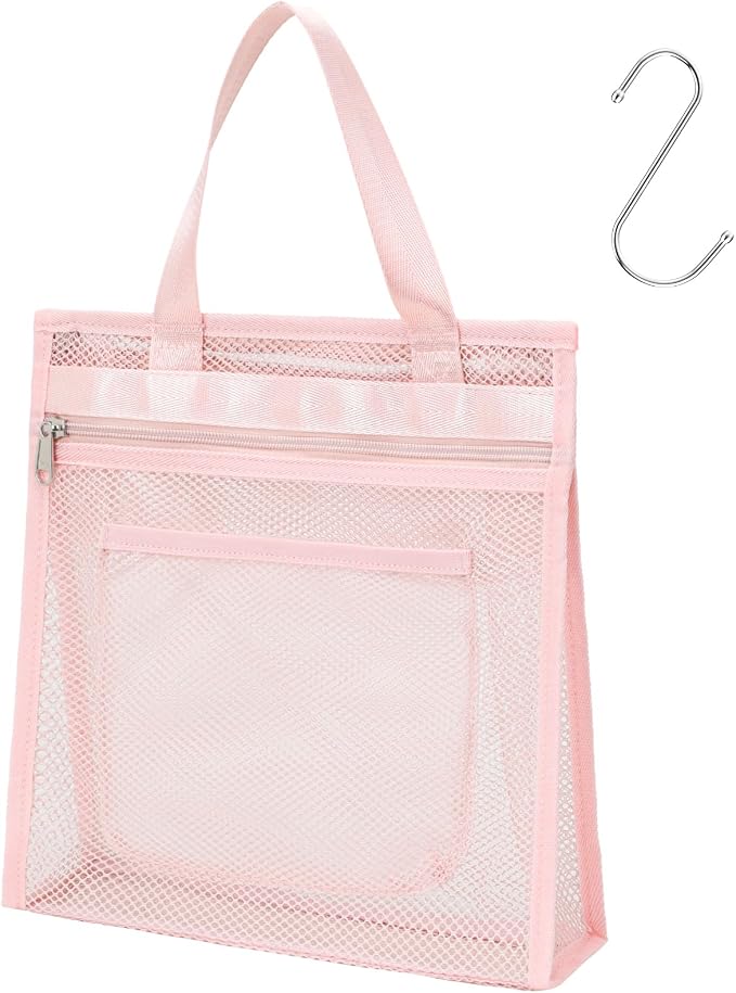 Small Mesh Shower Caddy Portable - Zipper Gym Shower Bag for Travel, Pink | 3 Pockets, Quick-Dry Mesh, S-Hook, Hanging Shower Caddy for Toiletry Essentials, Bathroom & Camping
