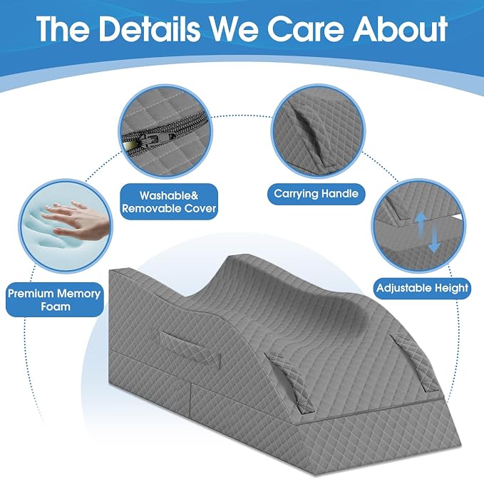 TranquilRelax Elevation Pillows for Leg After Surgery, Memory Foam Adjustable Wedge Pillow for Injury or Rest, Ankle Pillow for Sleeping Blood Circulation, Full Grey/Single Leg