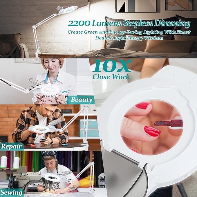 10X Magnifying Glass with Light, NUEYiO 2200 Lumens Stepless Dimmable Mangifier with Light, 4.2" Real Lens, Adjustable Metal Swing Arm Lighted Magnifying Lamp for Esthetician, Crafts, Close Work