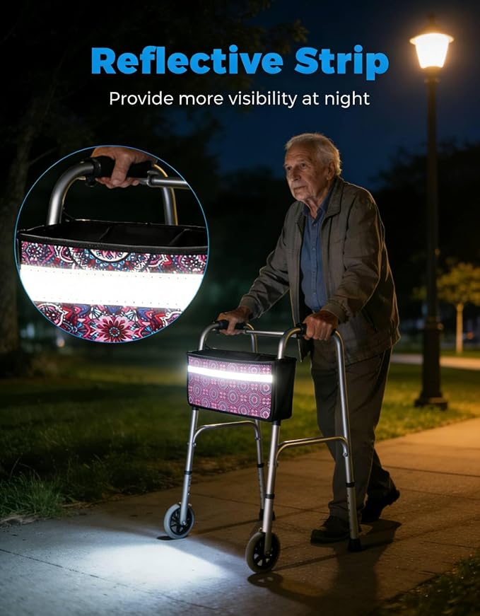 JOYTUTUS Walker Basket for Seniors, Basket for Walkers with Cup Holder, with Two Split Board, Foldable Walker Storage Bag, for Family and Friends, Purple Floral (Not Fit Rollator Walkers)