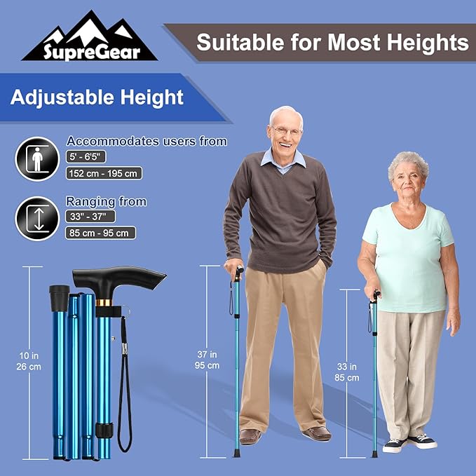 supregear Folding Cane, 5-Level Adjustable Height Walking Stick Lightweight Collapsible Portable Travel Cane with Wrist Strap and T Handle for Elderly Disabled Men Women