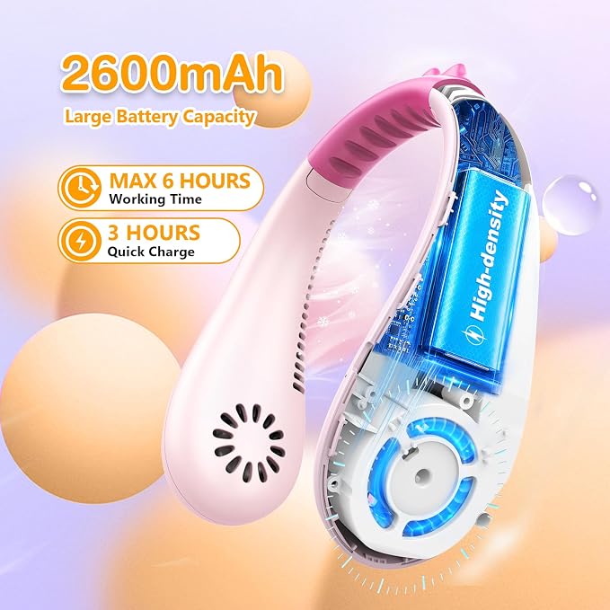 Kids Neck Fan, Portable Bladeless Fans for Kid 4-14Y Girls & Boys, 2600mAh USB Personal Mini Cooling Fan for Travel/Camping/Study, 4 Speeds, Lightweight, Compact, Perfect Summer Gifts for Kids