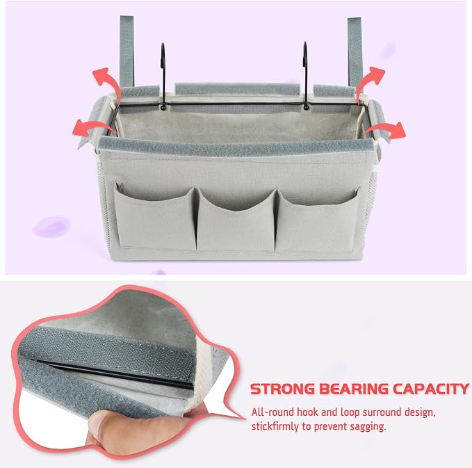 Bedside Caddy, Bedside Storage Bag Hanging Organizer for Bunk Dorm Bed Rail | Bed Caddy with Hooks, Top Bunks and Dorm Essentials for Water, Tissues, Tablets, Books, Phones, Remotes and Other Necessories