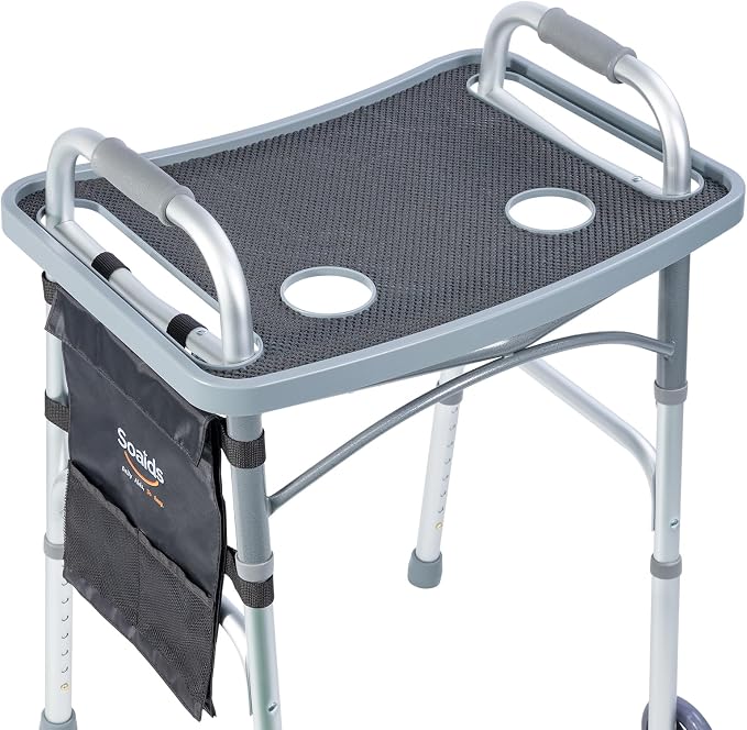 Walker Tray for Seniors with Dual Cup Holders & Side Pouch (Gray) | Durable Food & Drink Table, Lightweight with Non-Slip Pad, Compatible with Walker of 10210-1 Model