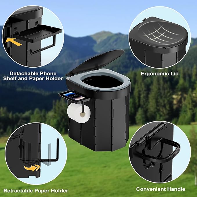 Portable Camping Toilet, Foldable Toilet for Adults with Detachable Phone Shelf and Toilet Paper Holder, Waterproof Porta Potty with Lid for Camping, Hiking, RV Travel, Road Trips
