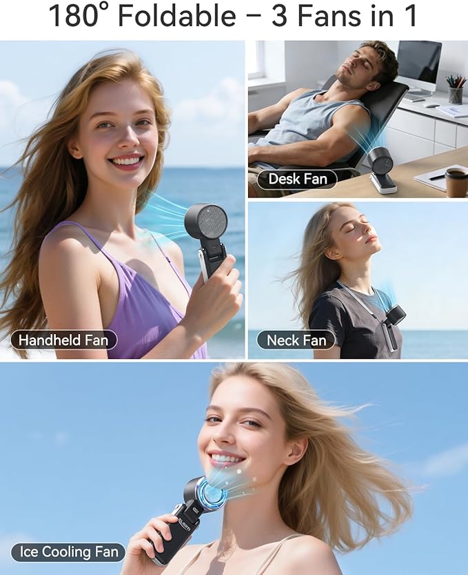 Portable Fan, Handheld Fan with Turbo & Ice Cooling, 5-Speed 4000mAh Rechargeable, 3-in-1 Foldable Small Travel Hand Fan, Lightweight Compact & Quiet for Beach, Outdoor, for Women & Men -Black