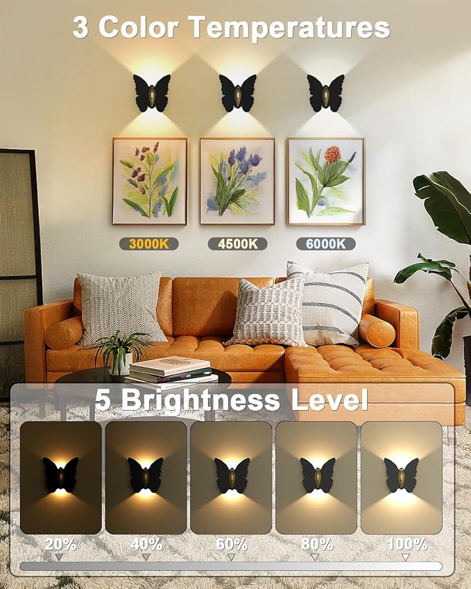 Eneru Motion Sensor Wall Sconce Set of 2, Rechargeable Wall Lights, Indoor | 5000mAh Battery Operated Wall Sconces, Motion Activated, Magnetic Butterfly Night Light for Hallway Stair Closet Pantry Porch